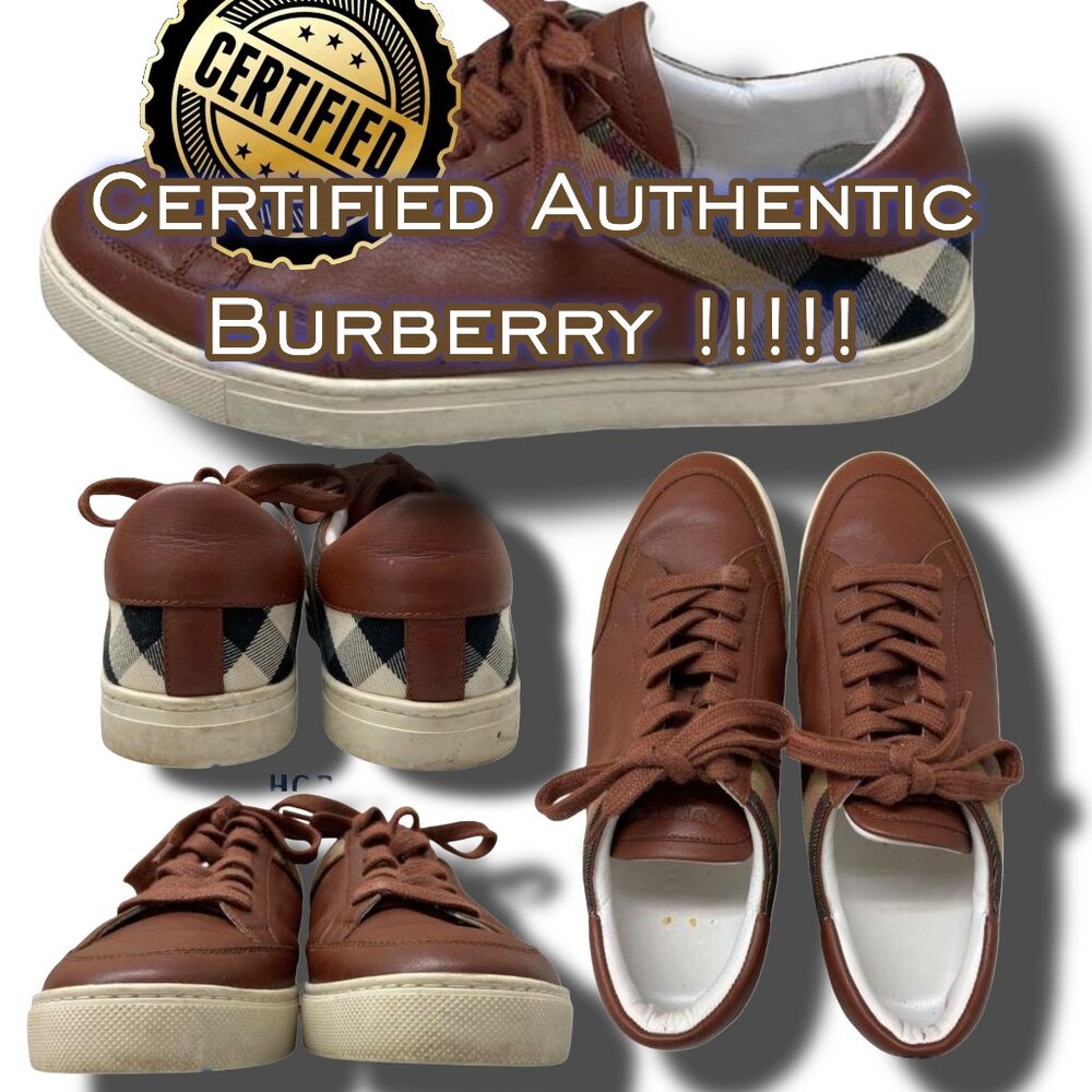 EUC Burberry Mens Leather sneakers w/Check insert Sz 42, fits like a US Sz 10